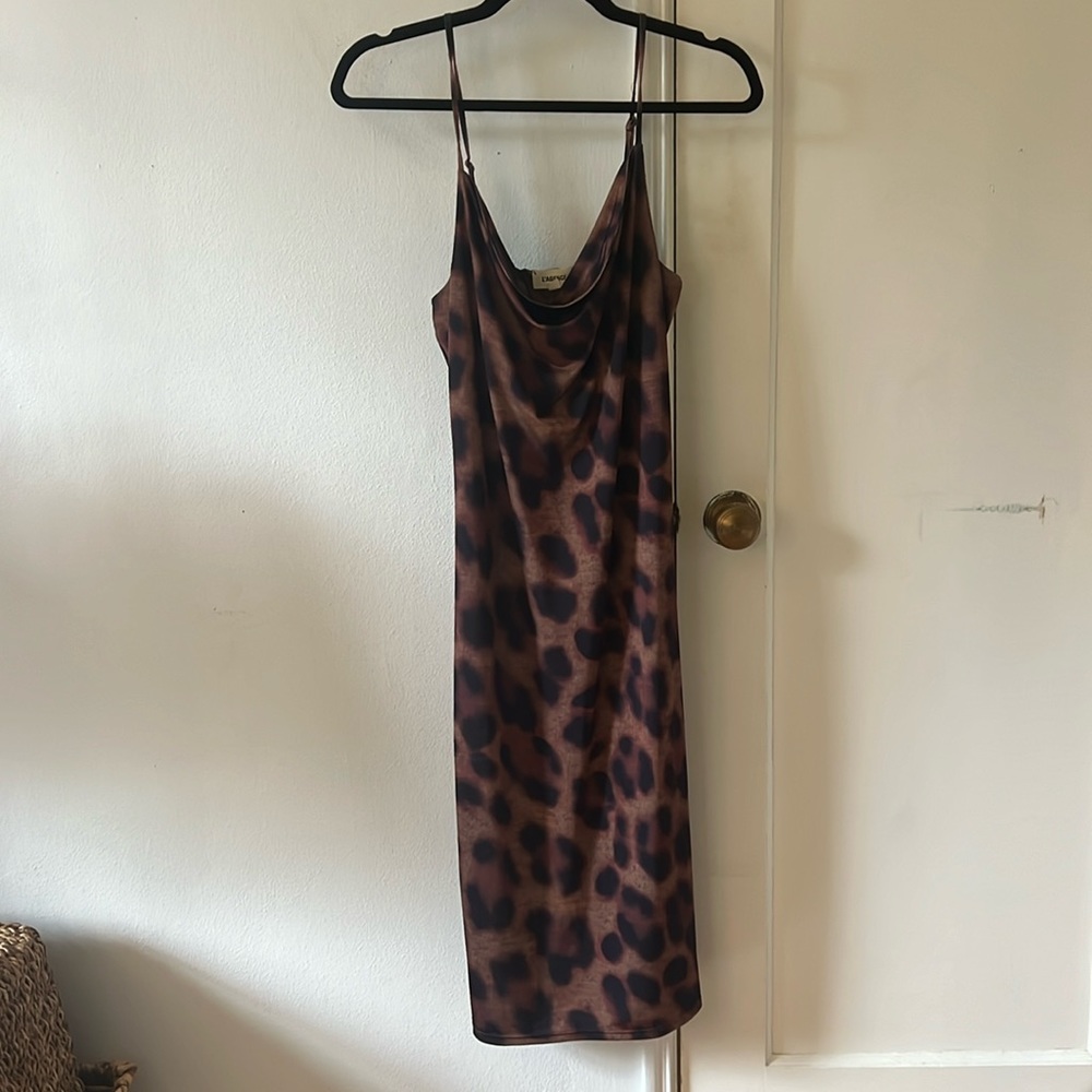 L'AGENCE Brown and Black Leopard-Print Midi Slip Dress
